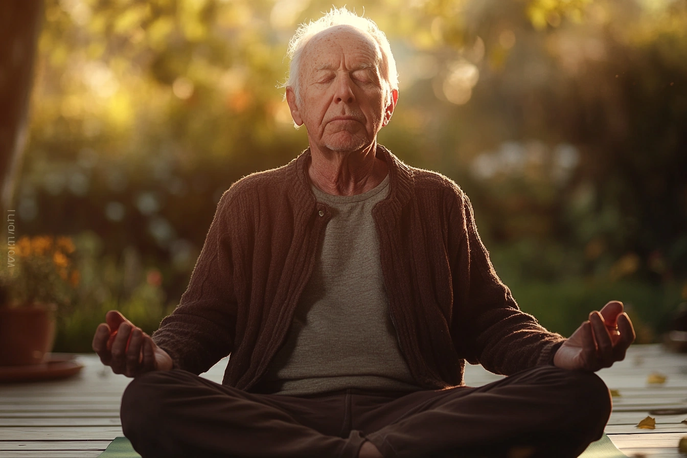 Літня жінка практикує йогу на природі